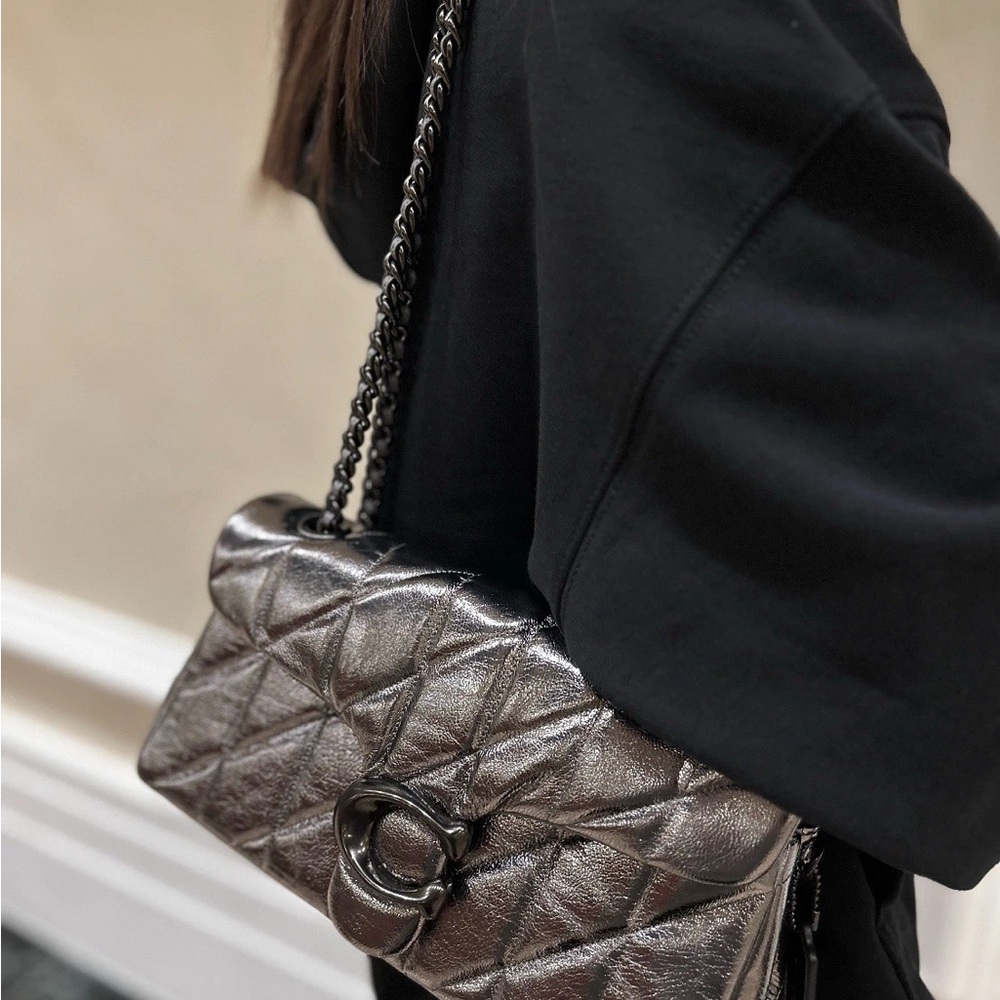 NWT Coach Metallic Leather Tabby Shoulder Bag 26 With Quilting - V5/Anthracite - Picture 10 of 12